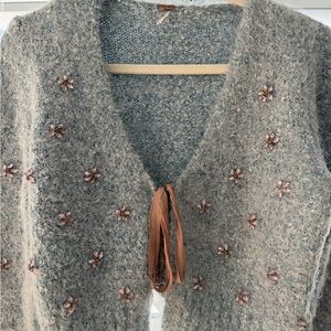 Free People Cozy Grey Embellished V-Neck Sweater Size M